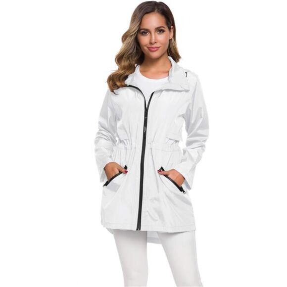 Women's Long Raincoat with Hood Lightweight Windbreaker Rain Jacket Waterproof - Picture 2 of 6